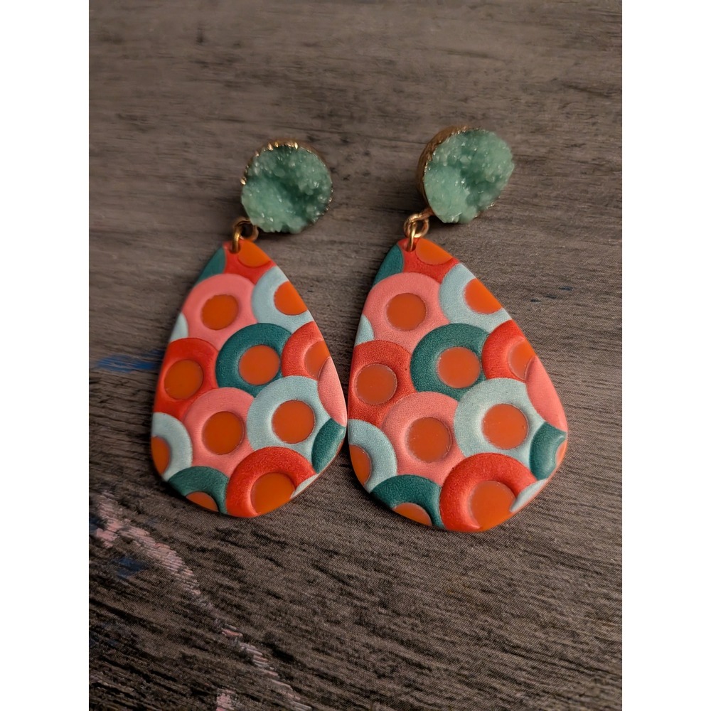 Boho Geometric Teardrop Dangle Earrings Orange Teal Faux Druzy Studs Statement